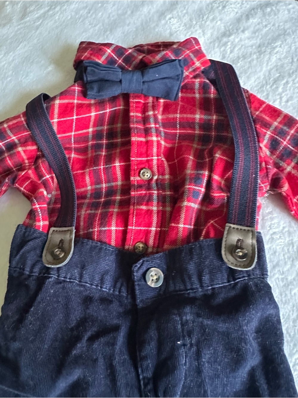Carter's Red Plaid Shirt with Navy Bow Tie and Navy Suspender Pants